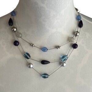 Layered Blue & Silver Beaded Station Necklace - Multi-Strand Statement Jewelry